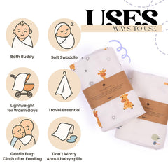 Haber Traditional Baby Muslin Bath Towel 160 Gsm | Organic Indian Cotton 4 Layer, Eco-Conscious & Safe Printed Cloth (Forest & Giraffe)- Pack Of 2