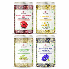 Bralcon Organic Herbal Tea Combo Pack Of 4 X 100gm, 3.5 Ounce Each - Hibiscus Flower+ Chamomile Flower+ Lemongrass+ Butterfly Pea Flower Tea | Rich In Antioxidants, Caffeine Free