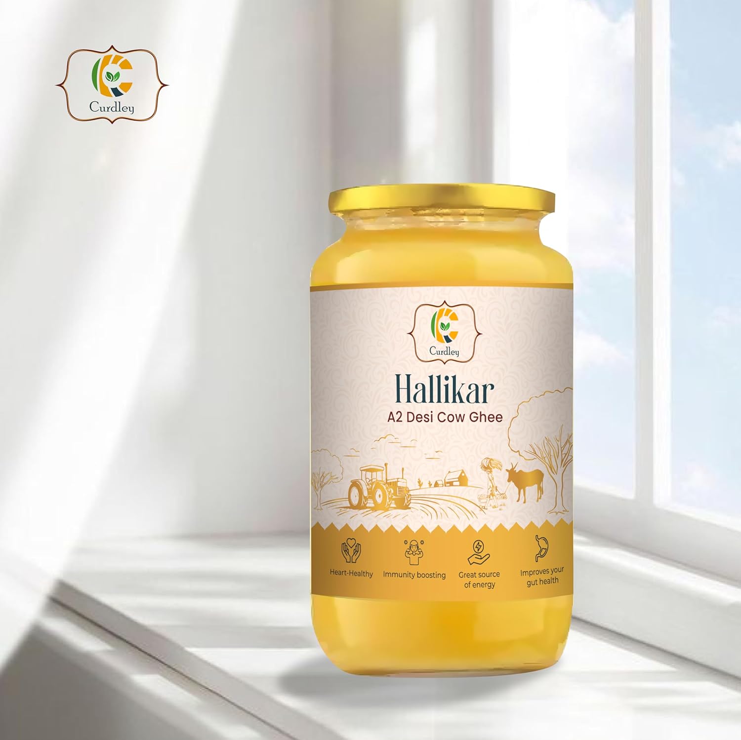Organic Natural A2 Desi Hallikar Cow Ghee By Curdley | Great Source Of Energy Healthy & Nutrients Desi Cow Ghee For Glowing Skin | (500ml) 16.9 Ounce Jar Pack