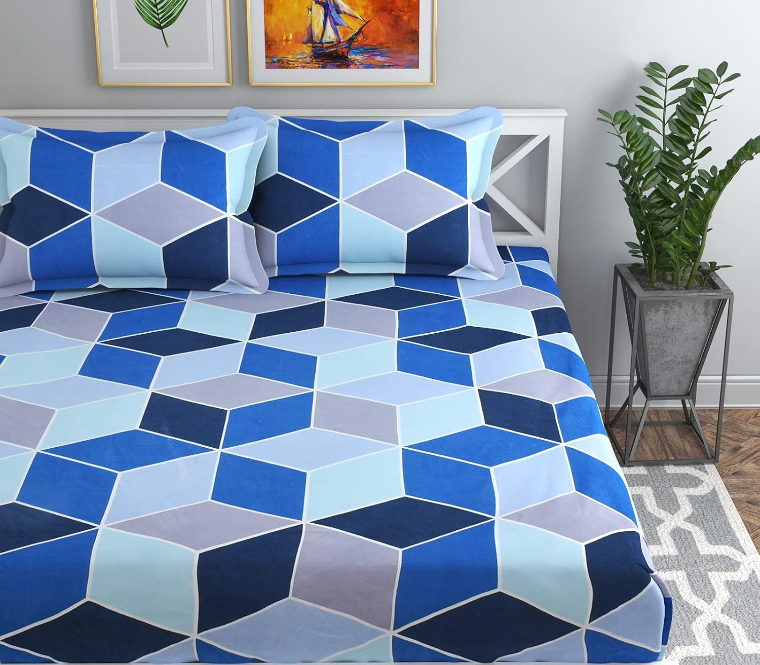 Premium Double Bed Bedsheet Set With 2 Pillow Covers - 86 X 88 Inches, Grey & Blue | 160 Thread Count Soft & Breathable, For Bedroom & Gifting