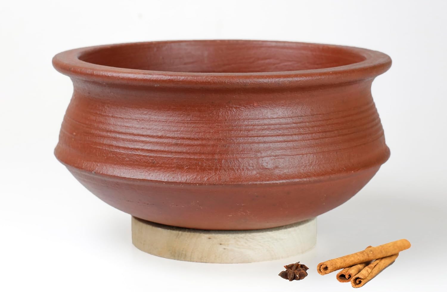 Deep Burned Uncoated Clay Biryani Pot Or Mitti Handi With 2 Wooden Spatulas Complimentary For Cooking & Serving - Red, 1 Liter | Pre-Seasoned Mud Pot - Unglazed, Double Fired, Hand Crafted