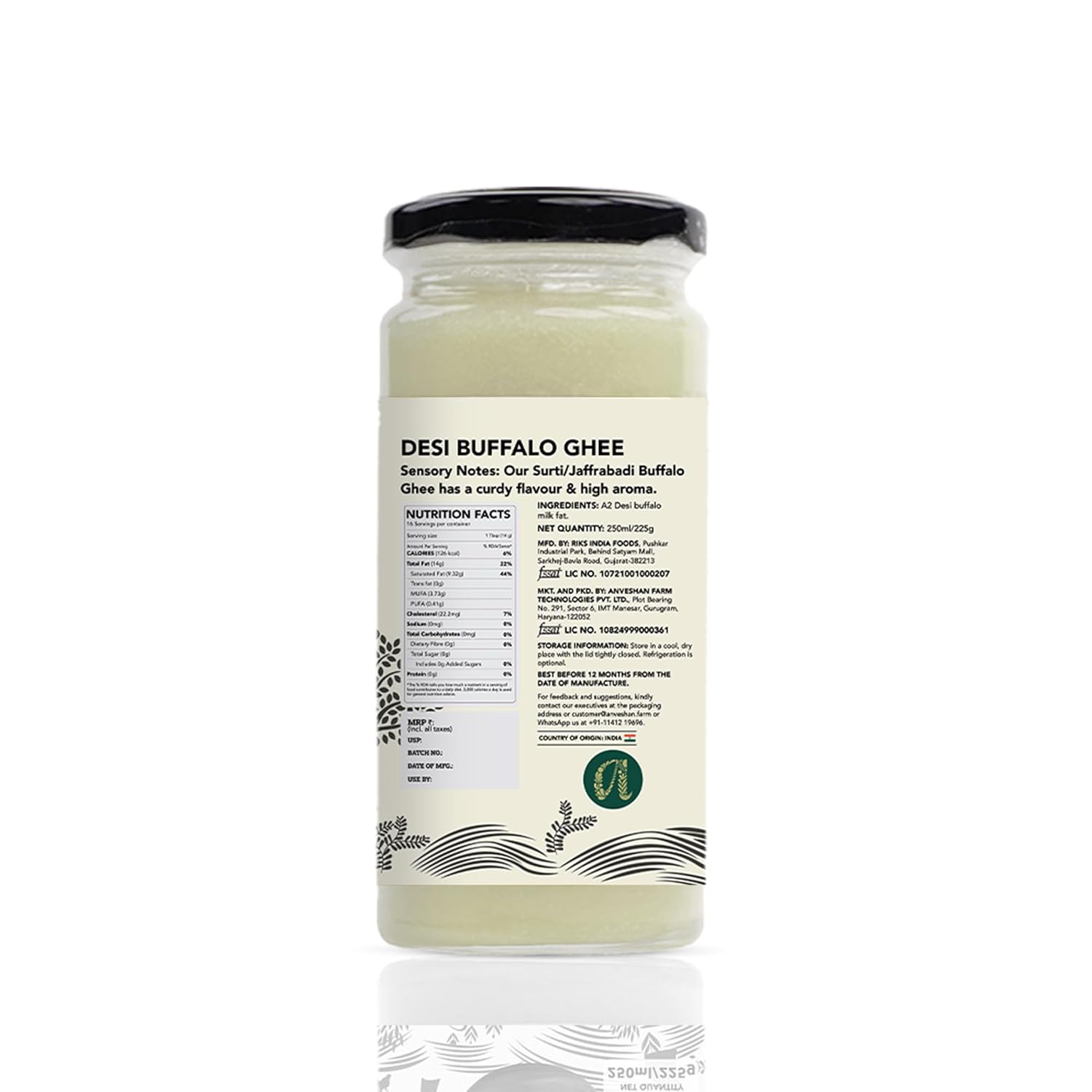 Pure Premium Desi Buffalo Ghee By Anveshan | High In Vitamins A, D & Healthy Bilona Method Desi Ghee For Strenghthens Bones & Immunity | (250ml) 8.4 Ounce | Jar Pack