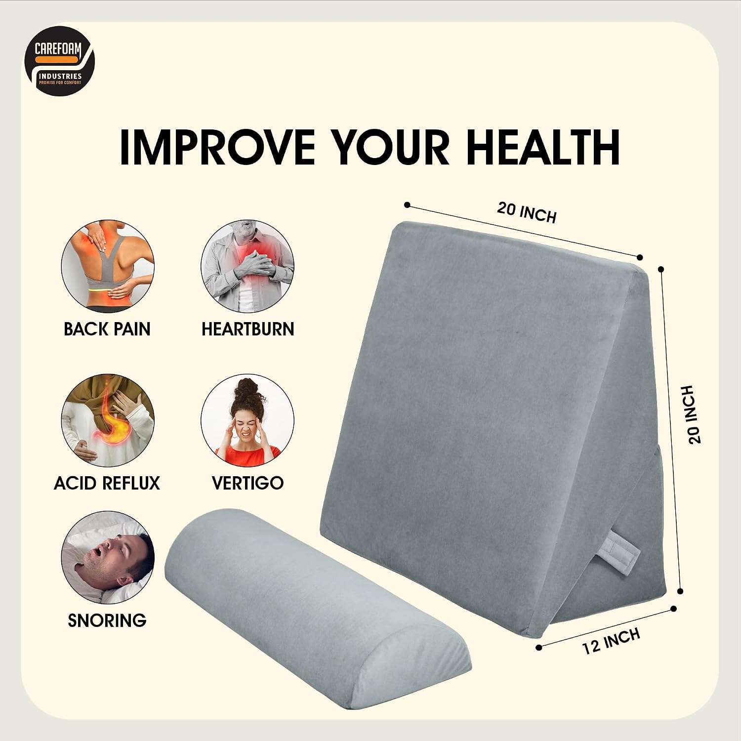 Wedge Pillow For Back Support, Adjustable Wedge Pillow With Headrest, Velvet Grey - 22 X 22 X 12 Inch | Memory Foam Bed Wedge Pillow For Sleeping | Acid Reflux, Gerd, Snoring, Resting