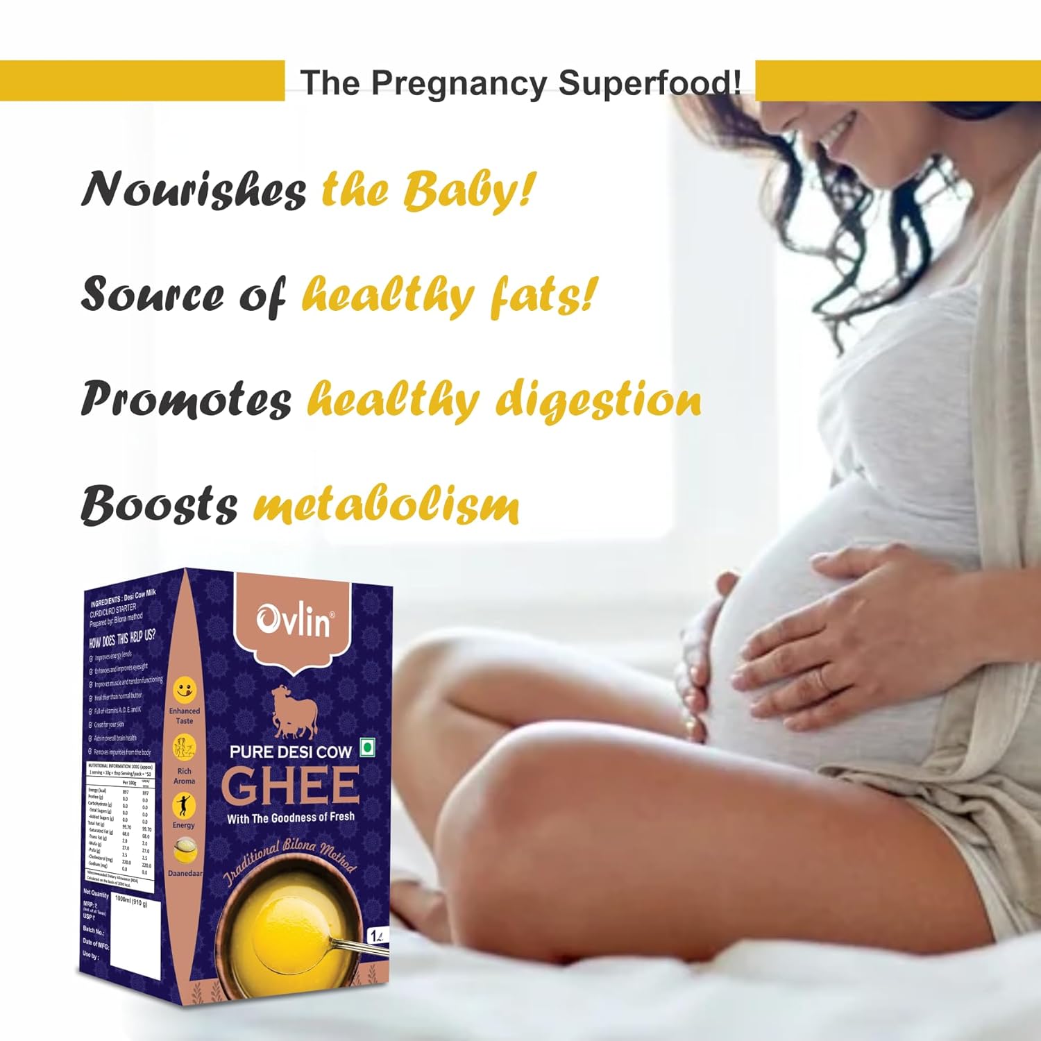 100% Pure Desi Bilona Danedar Cow Ghee By Ovlin | Good Source Of Healthy & Nutritious Desi Cow Ghee Perfect For Addition To Daily Meals | (1 Litr) 33.8 Ounce | Box Pack