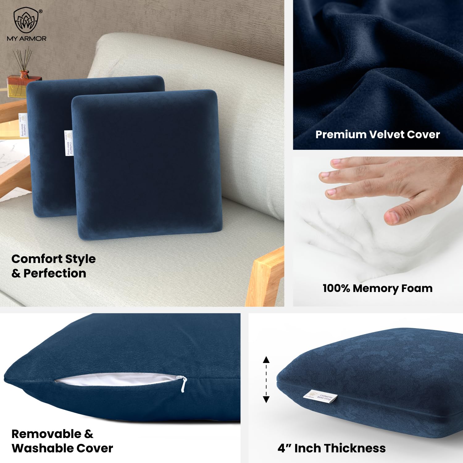 Memory Foam Square Cushion Pillow, For Car, Sofa & Diwan, Bed, Navy Blue - 16 X 16 X 4 Inch | Highly Durable, Hypoallergenic, Adjustable, Velvet Cover, Multipurpose Use - Pack Of 2