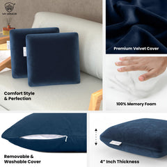 Memory Foam Square Cushion Pillow, For Car, Sofa & Diwan, Bed, Chair, Navy Blue - 12 X 12 X 4 Inch | Highly Durable, Hypoallergenic, Velvet Cover, Multipurpose Cushion - Pack Of 2