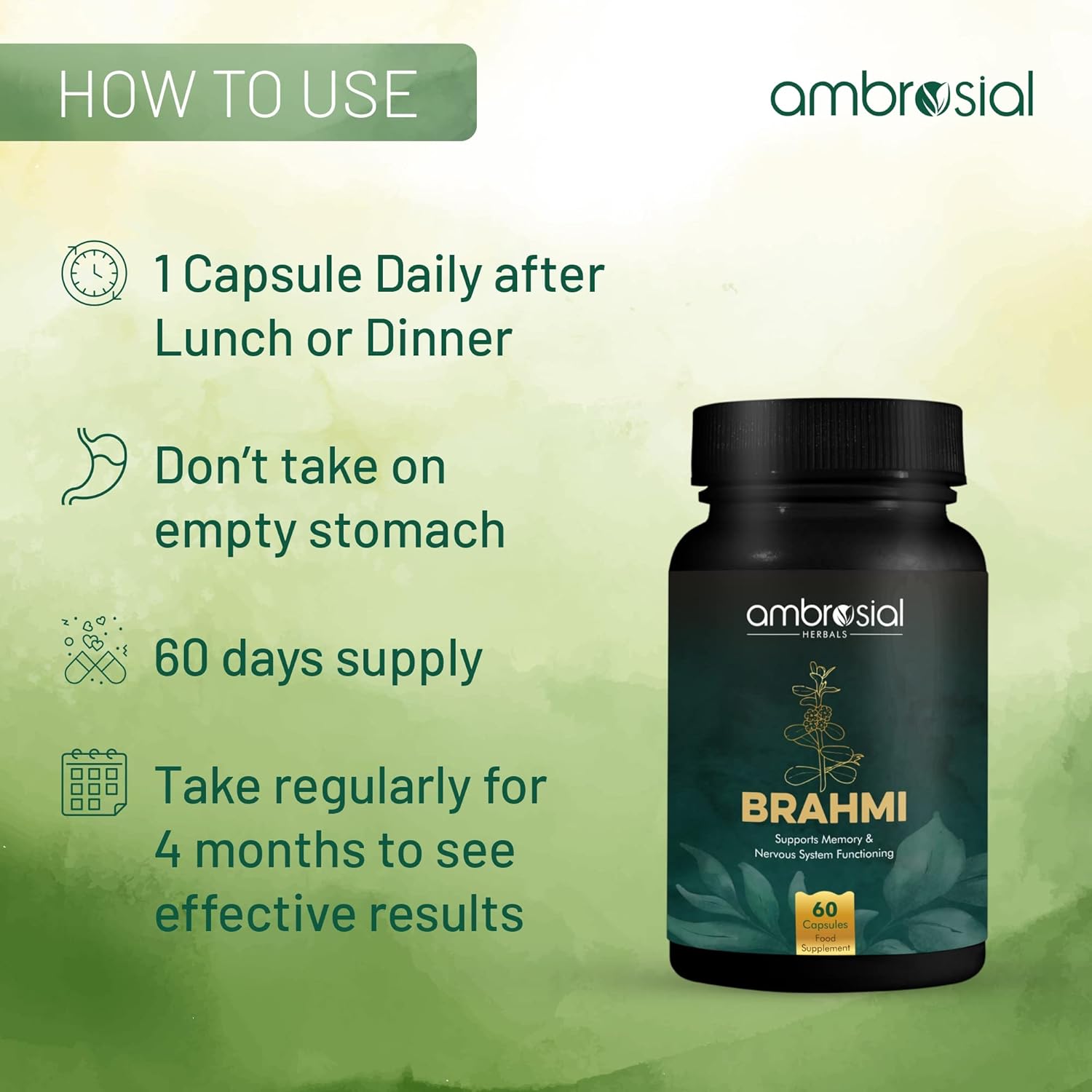 Ambrosial Brahmi Capsules 500mg Each Bacopa Monnieri , High Strength Brain Nootropics Supplements To Enhance Memory, Focus, Mental Performance & Energy | 60 Capsules 100gm 0.2lbs