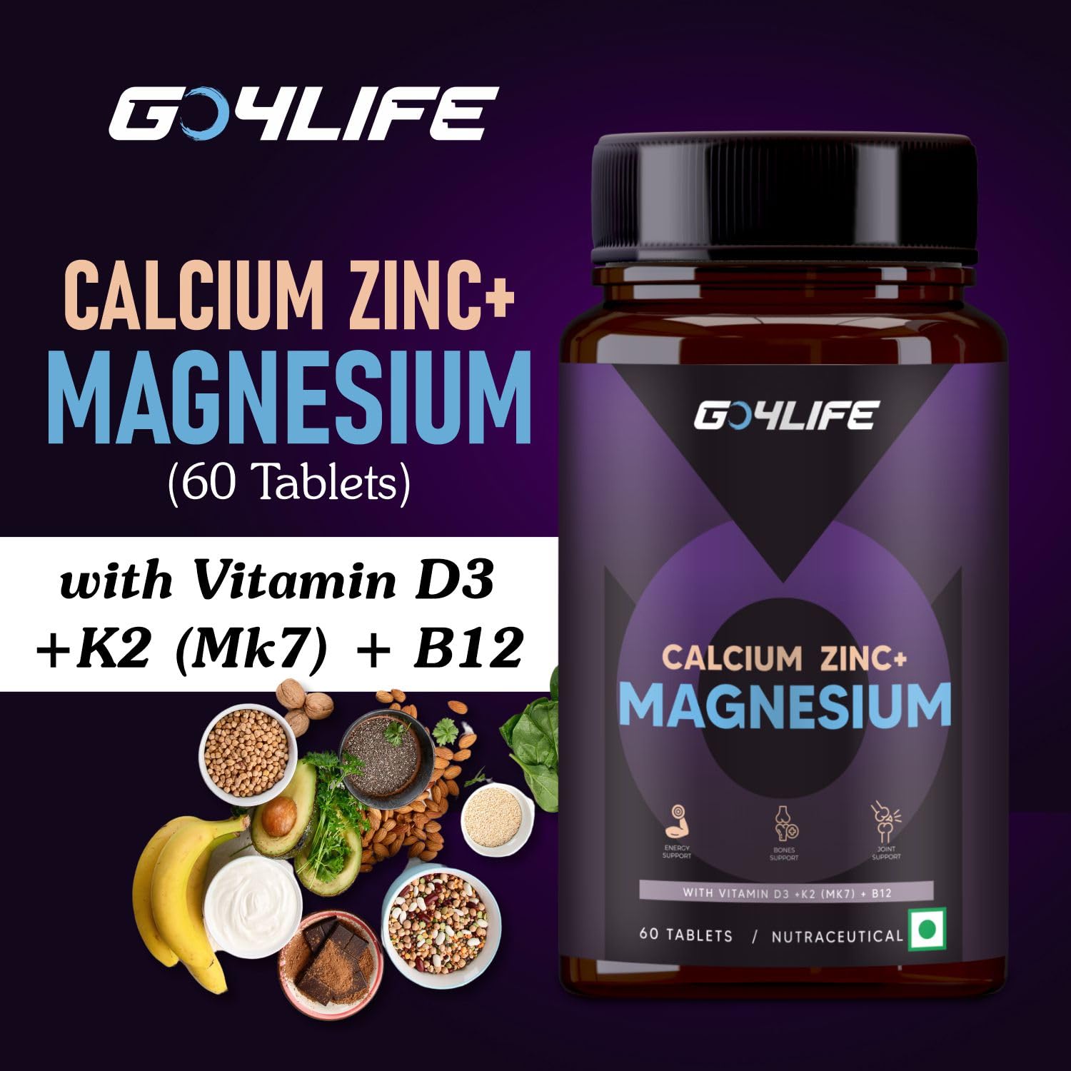 Go4life Plant Based Vitamin D3 K2 Mk7 + B12 For Joints Bones Support | 60 Tablets , 100gm 0.2lbs