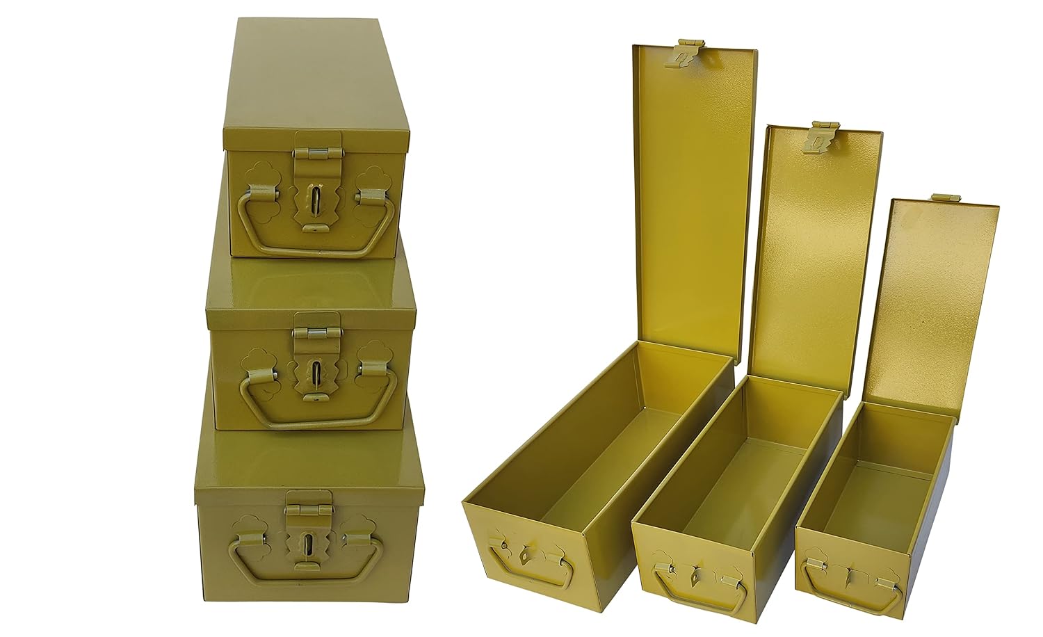 Stainless Steel Locker Boxes Jewellery Boxes Cash Peti, Pack Of 3, Size -8.2 Inch, 10.2 Inch, 12.2 Inch. With Powder - Coated Gold Finish, Special Feature - Portable