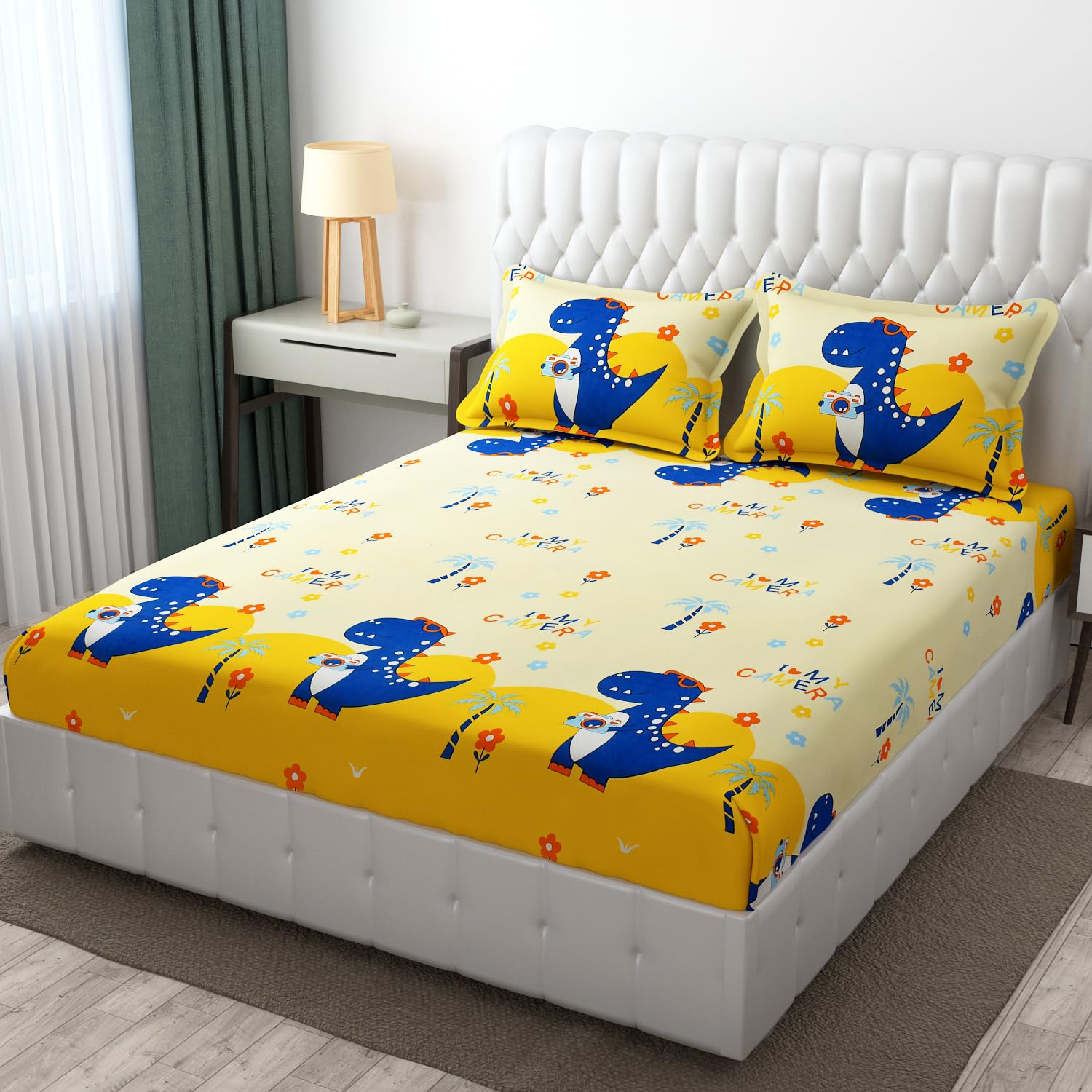 Wrinkle Free Soft Kids Double Bedsheets For King Size With 2 Pillow Cover | 90 X 95 Inches, Cream & Yellow | Cartoon Printed Design | Child Bedroom Decor