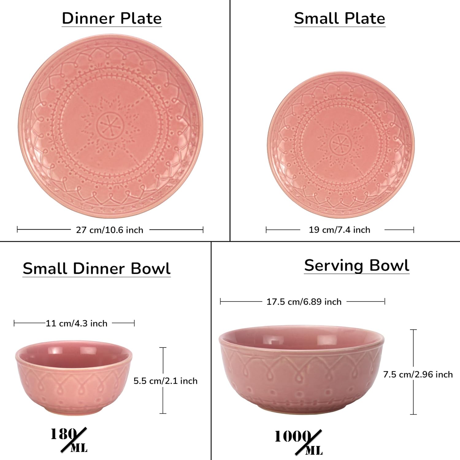 Handcrafted Stoneware Ceramic Dinner Set Of 14 Pcs With Serving Bowl Set - Light Pink | 4 Dinner Plates+ 4 Small Plates+ 4 Small Bowls, 180ml Each+ 2 Serving Bowls, 1000ml Each | Dishwasher Safe