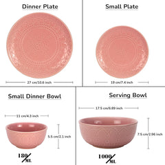 Handcrafted Stoneware Embossed Ceramic Dinner Set Of 20 Pcs With Serving Bowl Set - Light Pink | 6 Dinner Plates+ 6 Small Plates+ 6 Small Dinner Bowls, 180ml Each+ 2 Serving Bowl, 1000ml Each