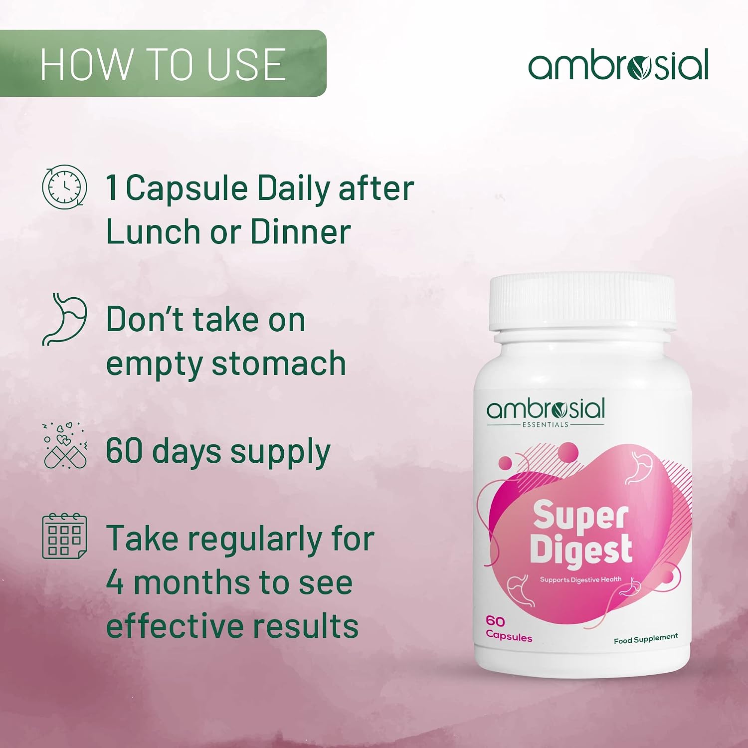 Ambrosial Super Digest With Betaine Hcl Pepsin, Ox - Bile, Pancreatin & L- Glutamic Acid | Digestive Enzyme Supplements To Support Optimal Digestion & Gut Health | 60 Capsules, 100gm 0.2lbs
