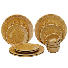 Handcrafted Stoneware Embossed Ceramic Dinner Set Of 12 Pcs - Golden Brown | 4 Dinner Plates+ 4 Small Plates+ 4 Small Dinner Bowls, 180ml Each | Microwave & Dishwasher Safe - Serving For 4