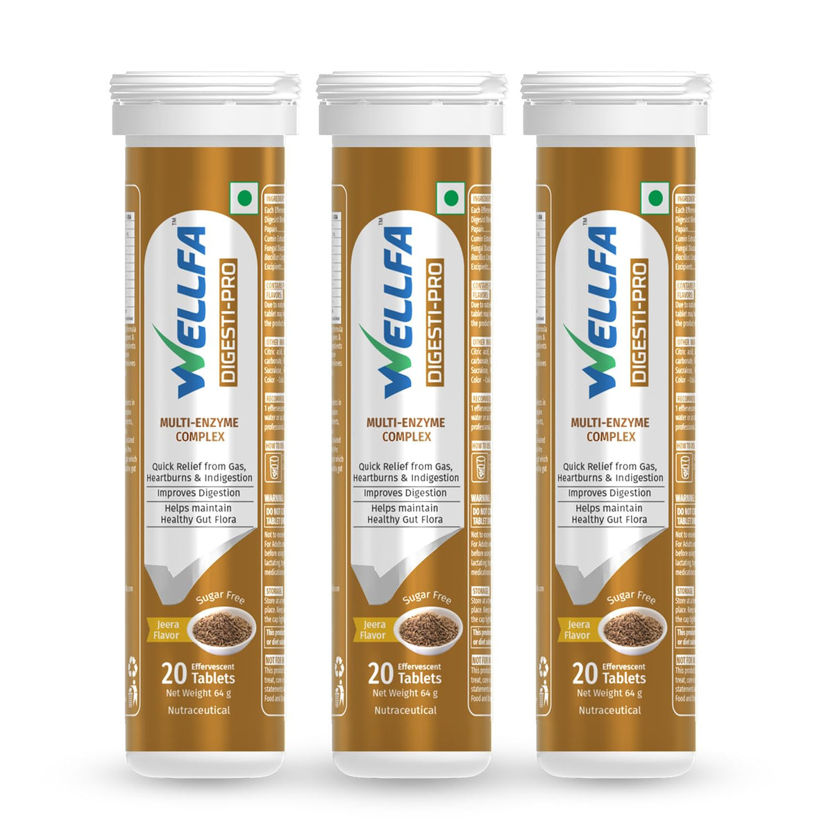 Wellfa Digesti Pro Tablets Multi Enzymes, Cumin Extract, Improves Digestion, Relief From Gas, Bloating & Heartburn Resolves Indigestion | Jeera - 20 Effervescent Tablets, 50gm 0.1lbs Each Pack Of 3