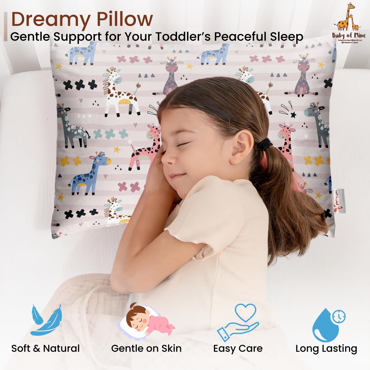 Premium Baby Pillow For Kids, Super Soft Cotton Kids Cushion - 12 X 18 Inches | For 5 Years Old Kids, Cartoon Prints - Colorful Giraffe | Bed Pillow, Washable, Easy To Care - Pillow 11