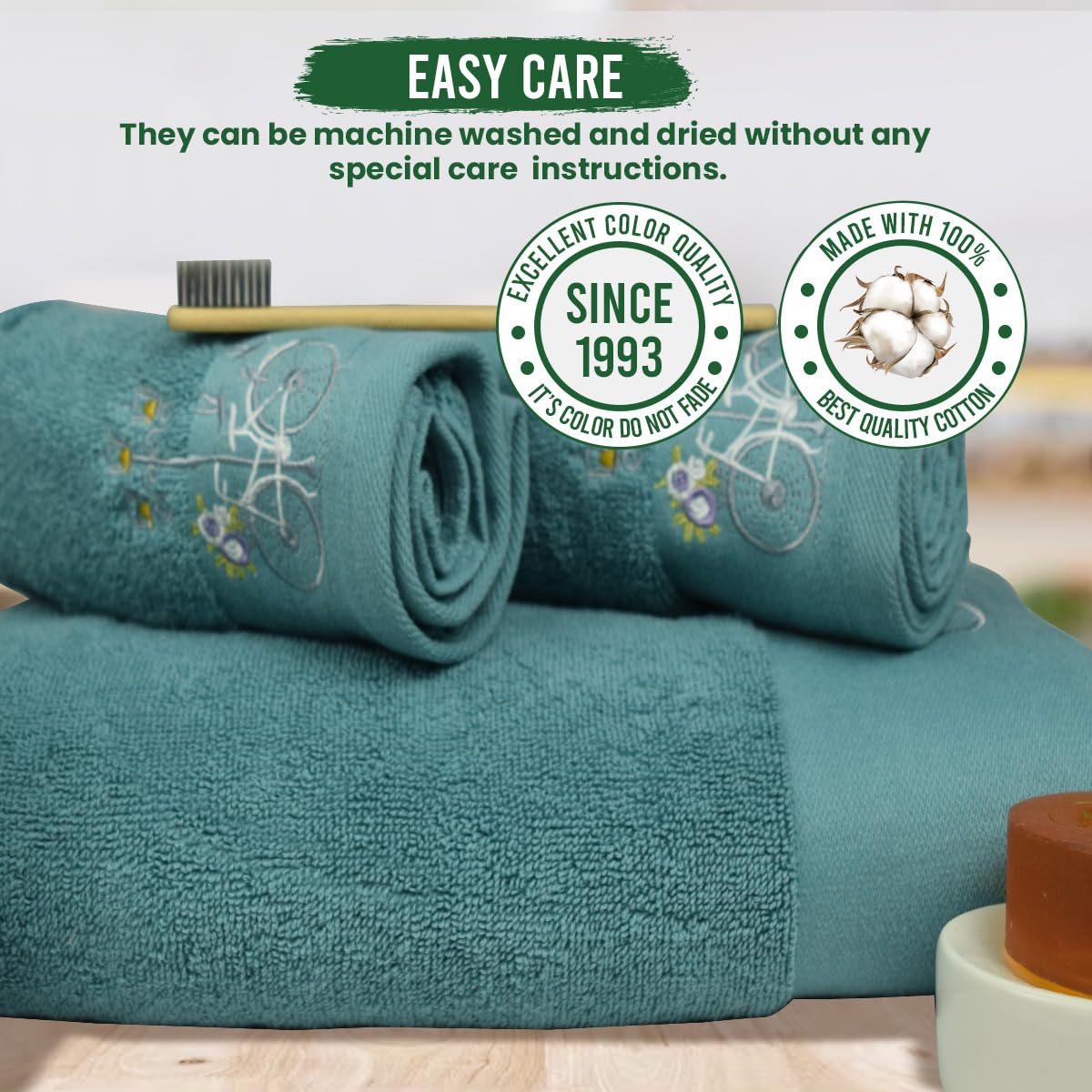 Rangoli 100% Cotton Martin Bath & Hand Towels 900 Gsm | Quick Dry, Ultra Soft, Highly Absorbent Printed Bath Towel - Turquise (Set Of 3)