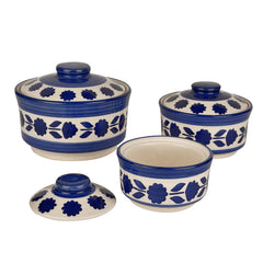 Studio Pottery Hand Painted Ceramic Serving Donga With Lid Casserole Set Of 3 - 900ml, 500ml & 300ml, White & Blue | Dinner Serving Set - Stackable Kitchen Bowl Set