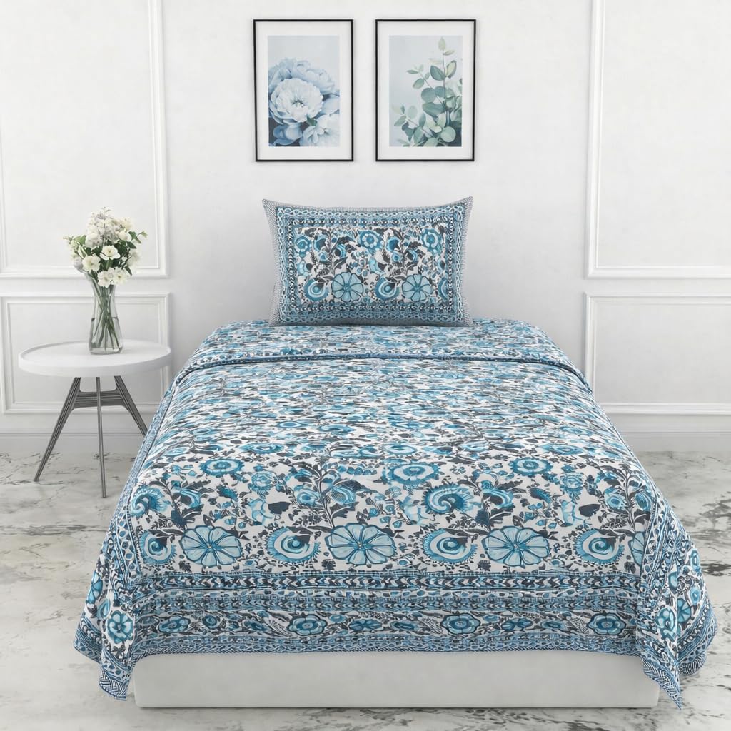 Soft Cotton Single Size Bedsheet With 1 Pillow Cover - 60 X 90 Inches, Sky Blue & Grey | Durable For Everyday Use - All Season Comfort