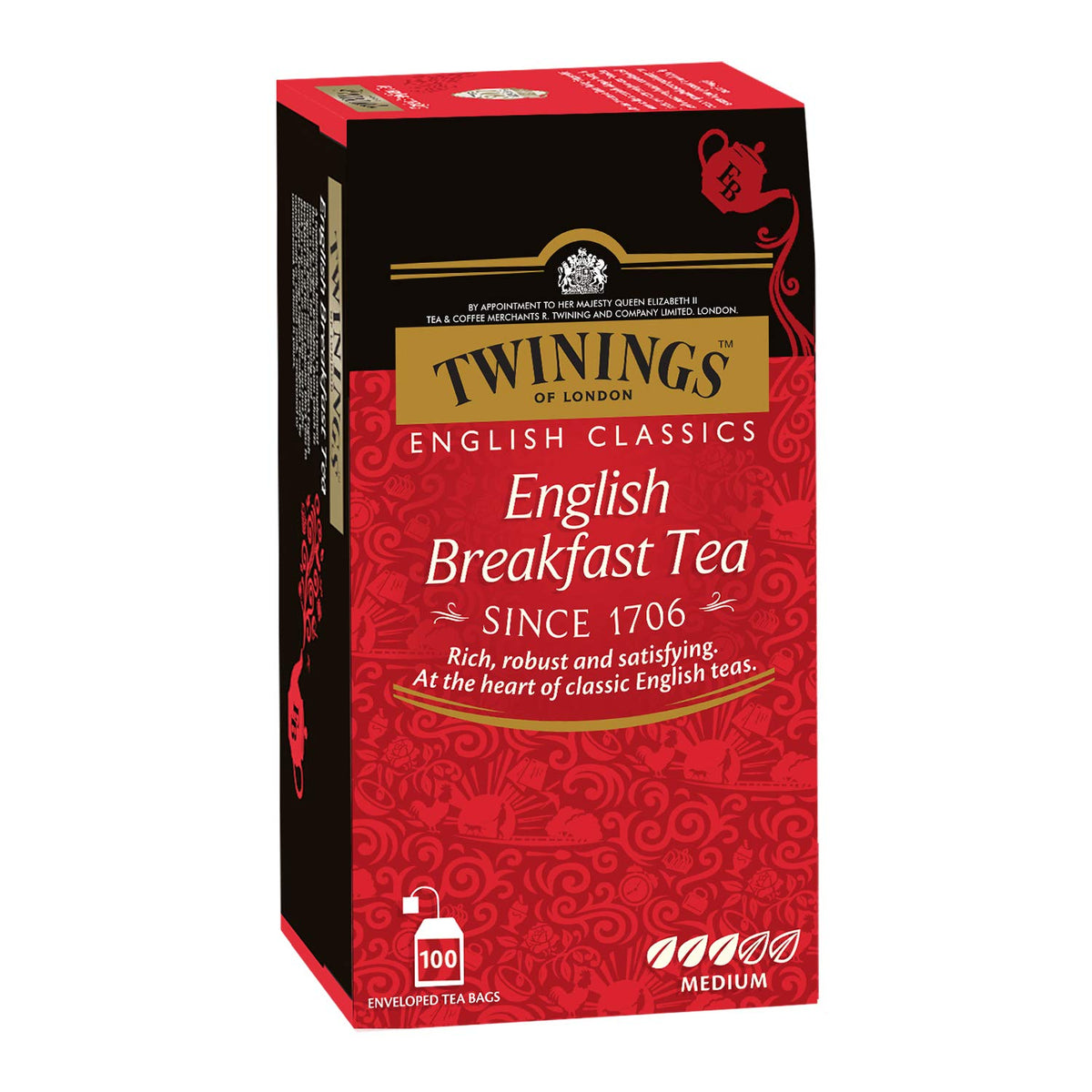 Twinings English Breakfast Tea - 100 Enveloped Teabags | English Classic Range Premium Black Tea - Medium Strength, Rich Flavor, High Caffeine