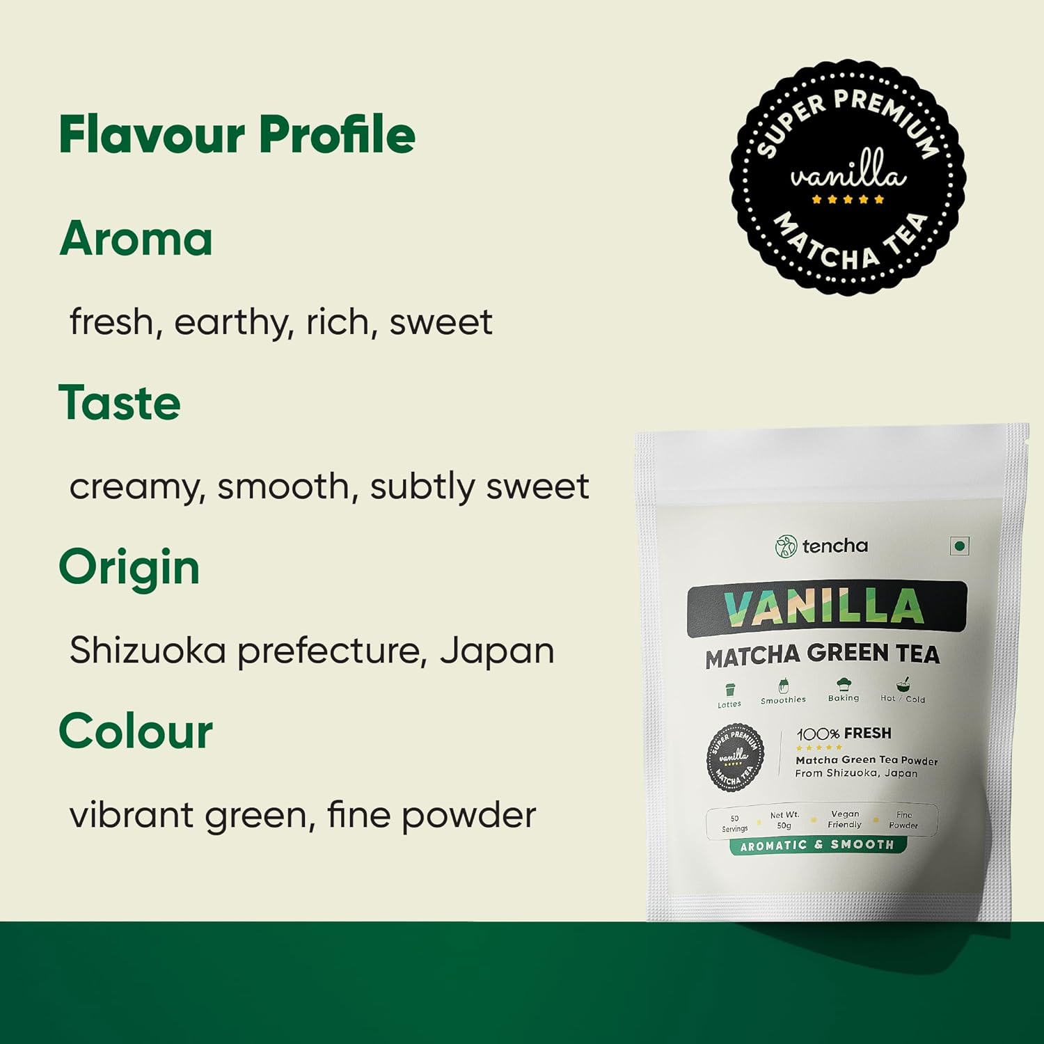 Tencha Vanilla Matcha Green Tea - 50gm, 1.7 Ounce, 50 Servings | Japanese Matcha Green Tea Powder - No Artificial Sweeteners | Low Caffeine, Vegan Friendly, Aromatic & Smooth