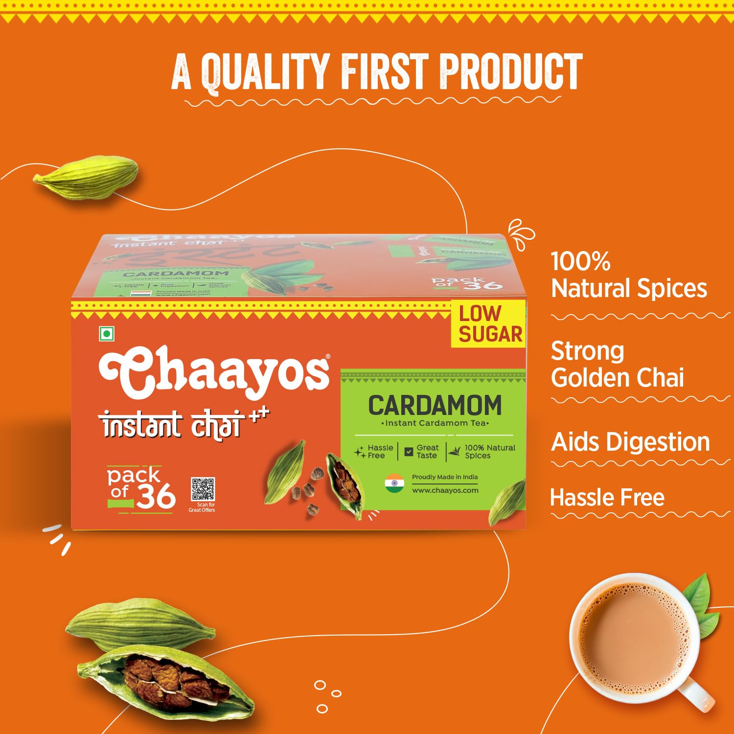 Chaayos Instant Premix Cardamom Chai - 36 Sachets, 288gm, 10.1 Ounce | Aids Digestion, Boosts Metabolism - Instant Assam Elaichi Chai | Low Sugar, Low Caffeine, Hassle Free