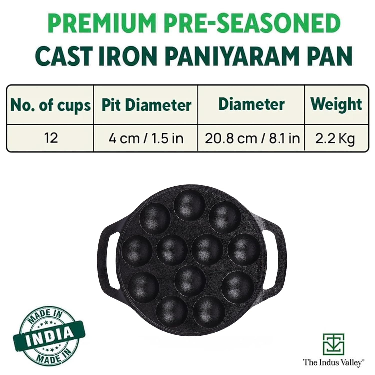 Pre-Seasoned Black Cast Iron Paniyaram Pan With Loop Handle - 12 Pits, 8.3 Inch, 21 Cm, 2.8 Kg | Nonstick Appe Or Paddu Pan, 100% Pure & Toxin-Free