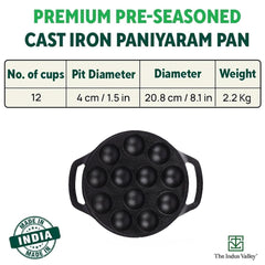 Pre-Seasoned Black Cast Iron Paniyaram Pan With Loop Handle - 12 Pits, 8.3 Inch, 21 Cm, 2.8 Kg | Nonstick Appe Or Paddu Pan, 100% Pure & Toxin-Free