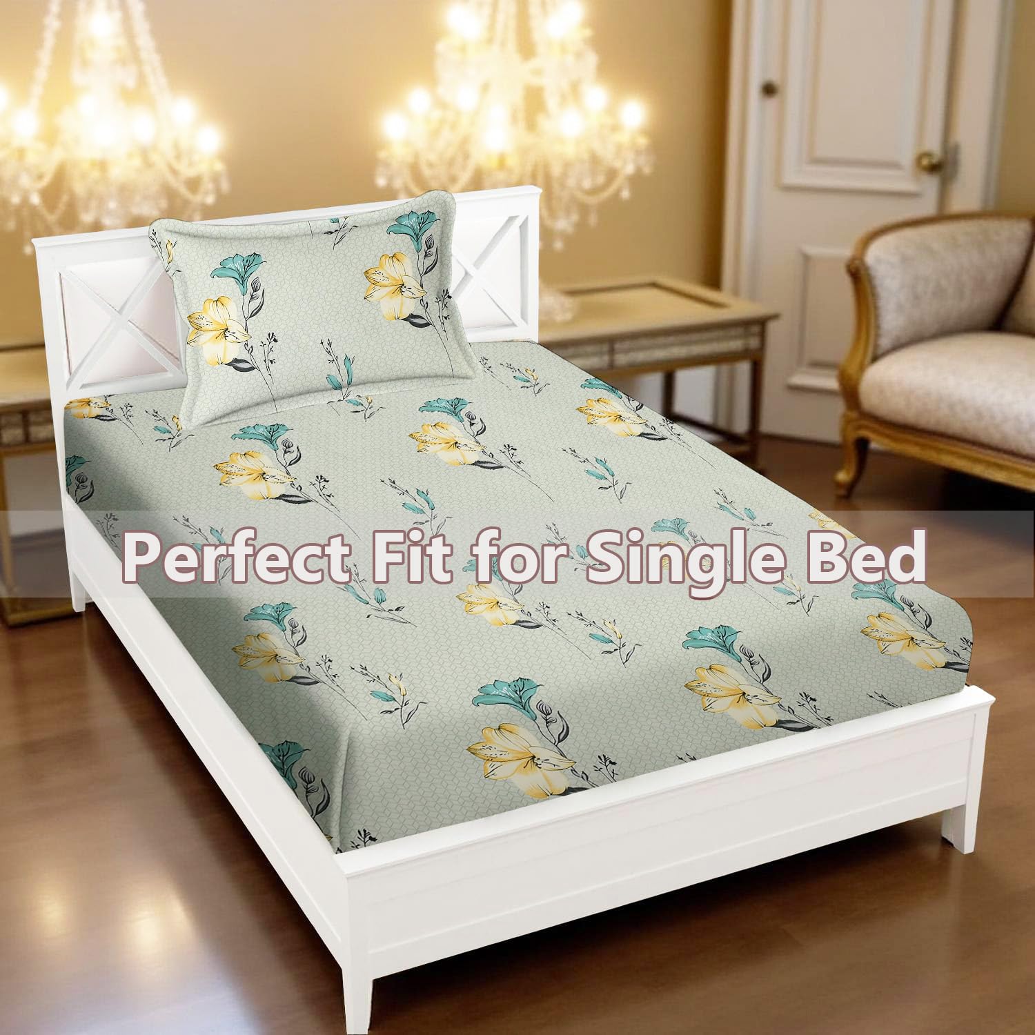 Printed Bedsheet For Single Bed With 1 Pillow Cover - 60 X 90 Inches, Yellow & Green | Super Soft - Glace Cotton Breathable & Wrinkle Free - 2 Pcs Set