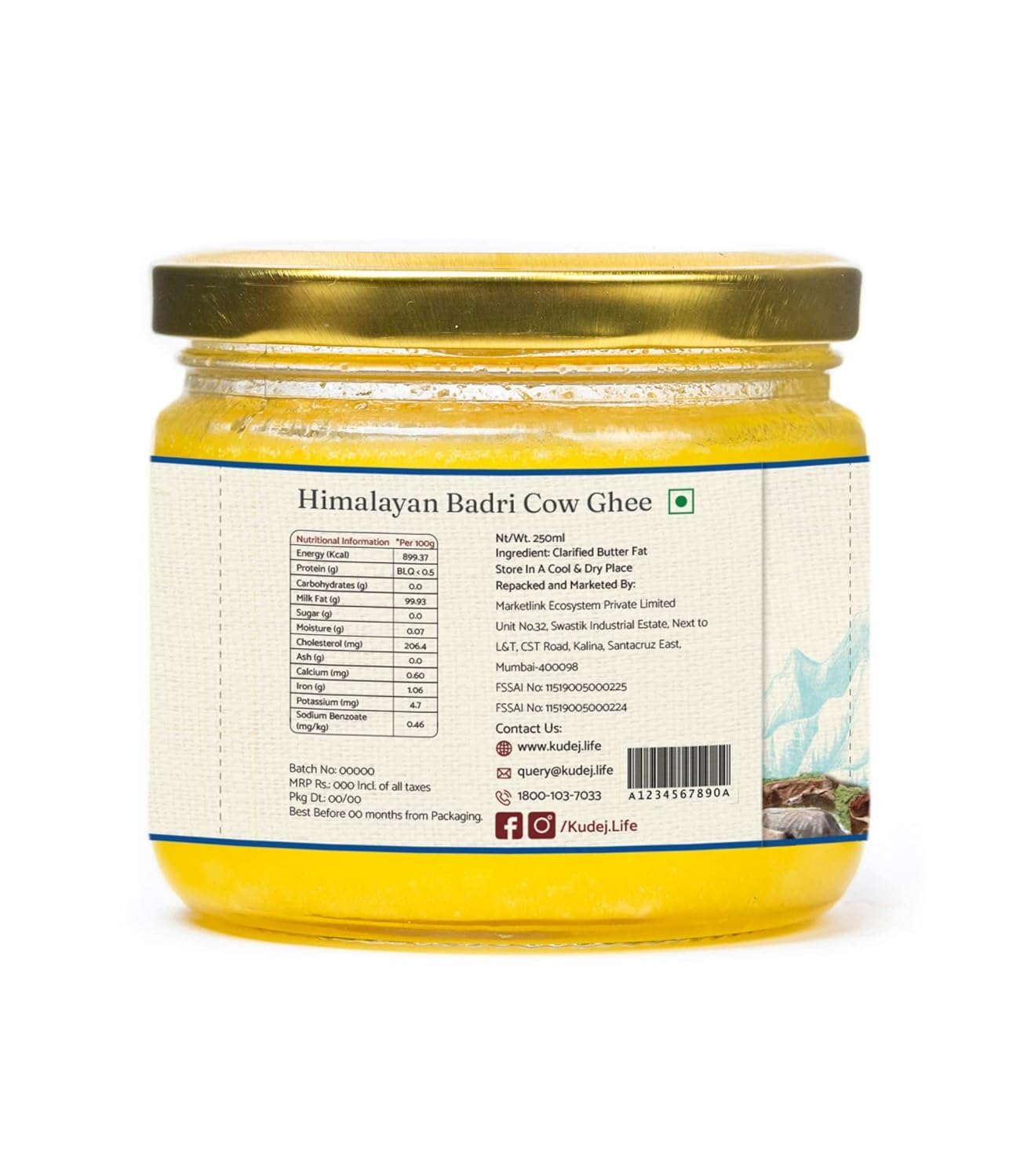 100% Pure Himalayan A2 Desi Badri Cow Ghee By Kudej | Rich In Nutrients Healthy Desi Ghee Helps To Boosts Brain Memory | (250ml) 8.4 Ounce | Jar Pack