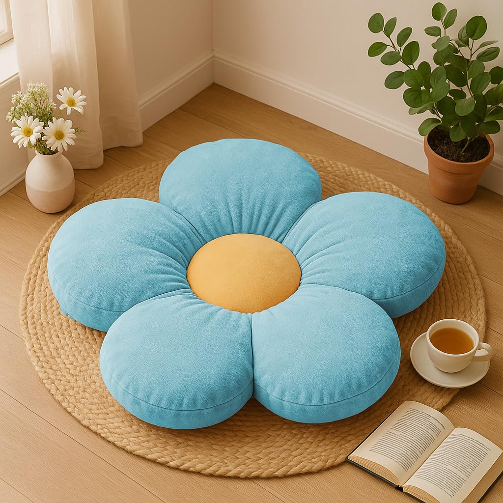 Flower Shaped Floor Cushion Pillow, Furniture Cushion, Light Blue - 16 X 16 Inch | For Kids Room & Living Room, Bed Room, Washable | Premium Super Soft Velvet Cover - Pack Of 1