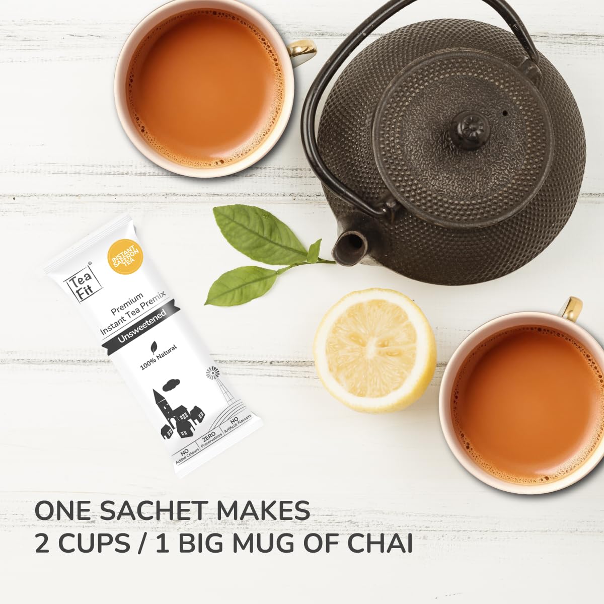 Teafit Unsweetened Instant Saffron Tea Premix - Pack Of 20 Sachets, 280gm, 9.8 Ounce | Premium Milk Tea Premix, Just Add Water - Strong Home Like Kesar Chai | Low Caffeine