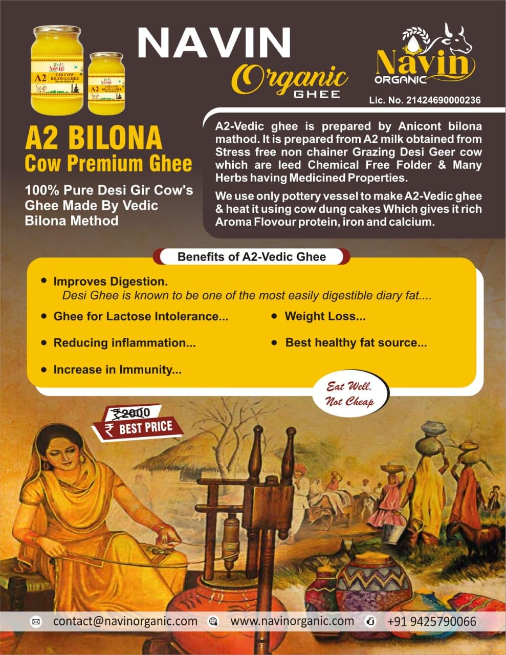 100% Natural A2 Desi Cow Bilona Ghee By Navin Organic | Rich In Nutrients & Delicious Healthy Desi Cow Ghee Good For Overall Health | (1 Litr) 33.8 Ounce | Jar Pack