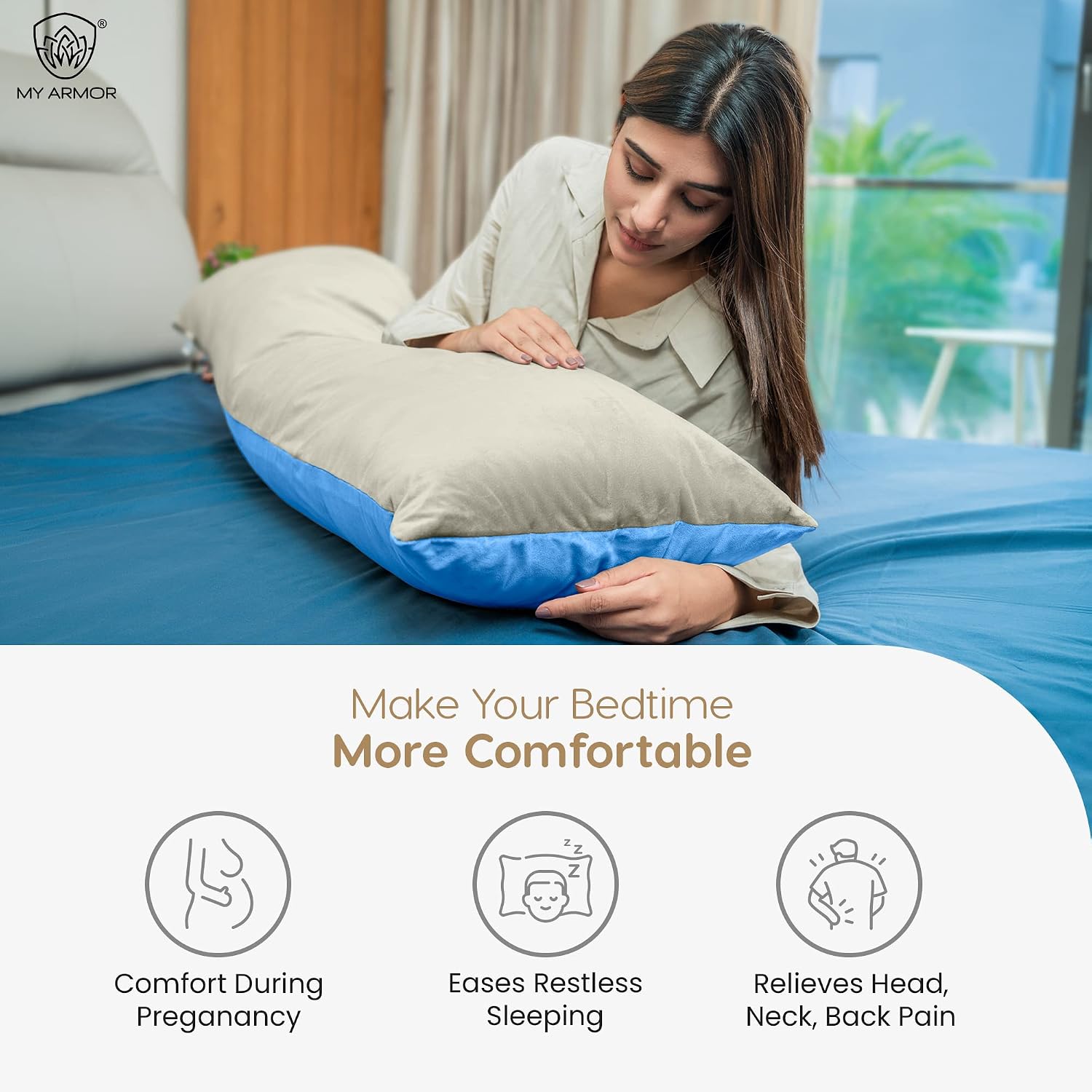 Microfiber Body Side Pillow For Sleeping For Pregnancy, Cream & Sky Blue - 53 X16 Inch | Long Cuddle Pillow For Hugging, Relaxing, Washable, Premium Velvet Outer Cover With Zip, Adjustable