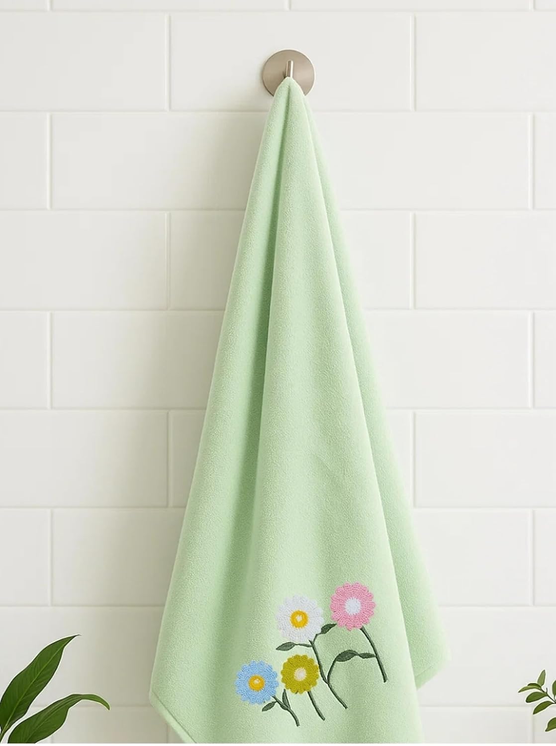 Divyam Floral Embroidered Bath Towel 350 Gsm | Premium Soft Microfiber Quick-Dry, Lightweight & Absorbent Towel With Pastel Daisy Design (Mint-Green)