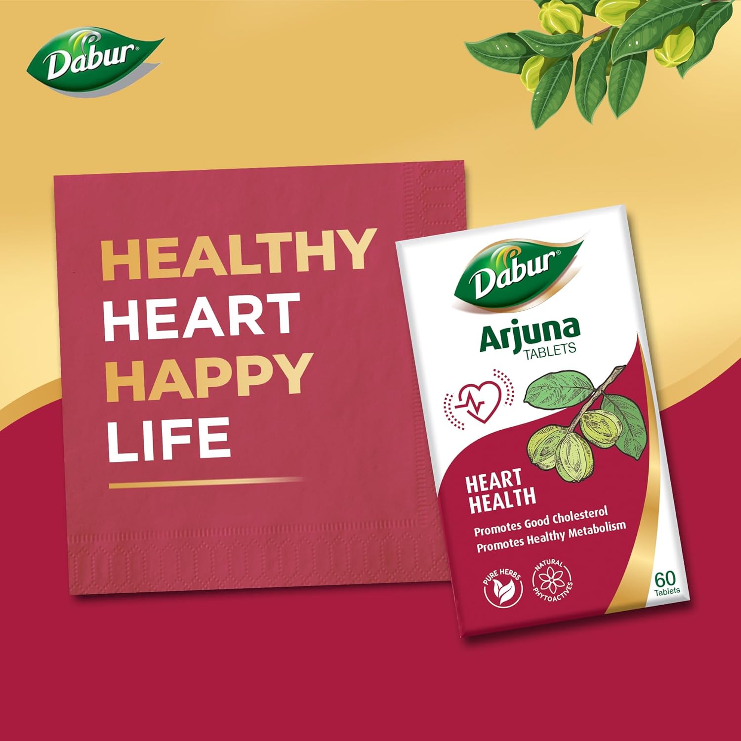 Dabur Arjuna Tablets Promotes Heart Health, Manages Cholesterol Level, Promotes Healthy Metabolism | 60 Tablets 100gm 0.2lbs