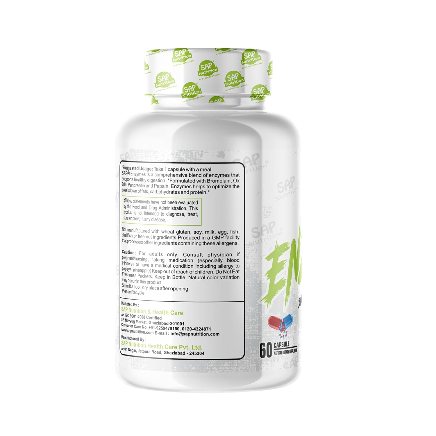 Sap Nutrition Enzymes Supports Healthy Digestion Supplement 1000mg 2 Tablet Serving Size For Men And Women | 60 Tablets, 100gm 0.2lbs