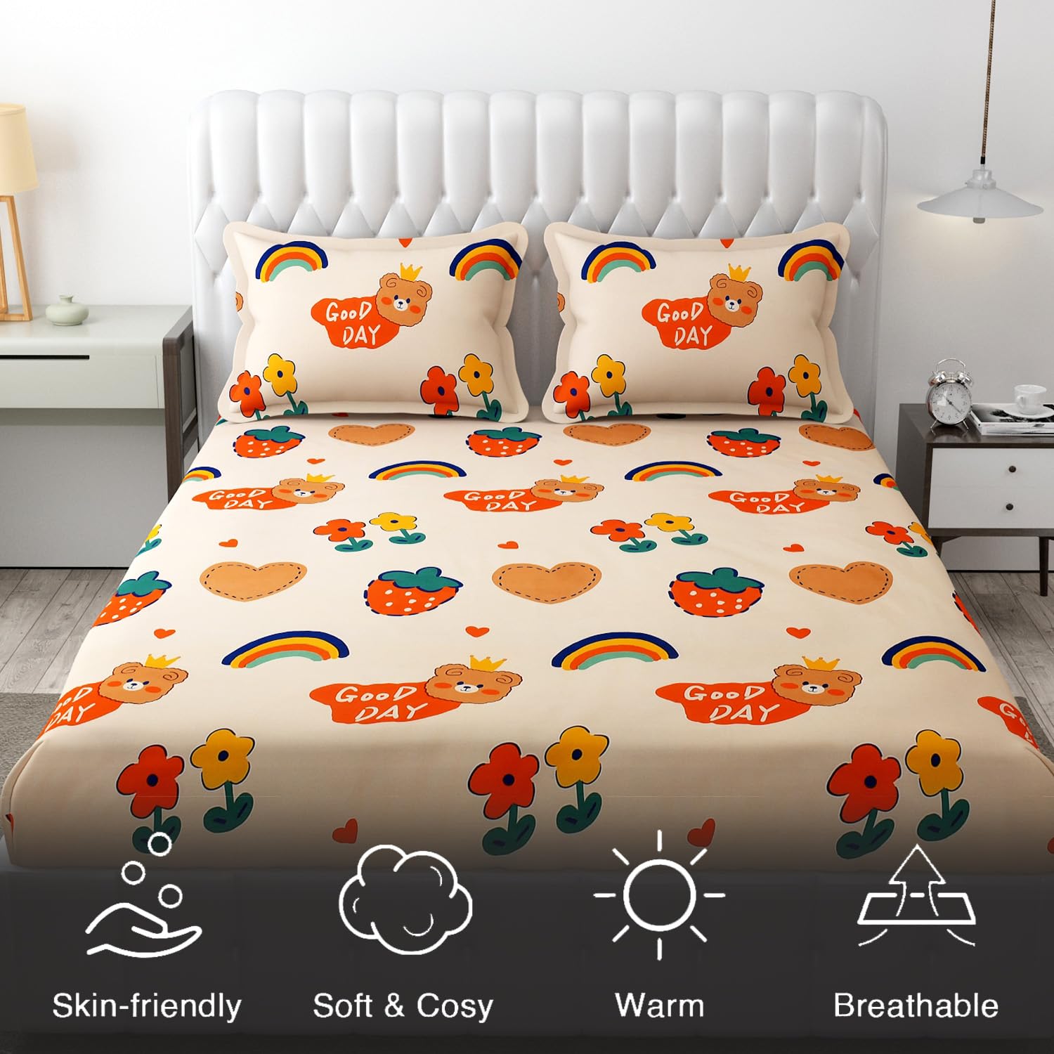 Wrinkle Free Soft Kids Double Bedsheets For King Size With 2 Pillow Cover | 90 X 95 Inches, Cream | Cartoon Printed Design | Child Bedroom Decor