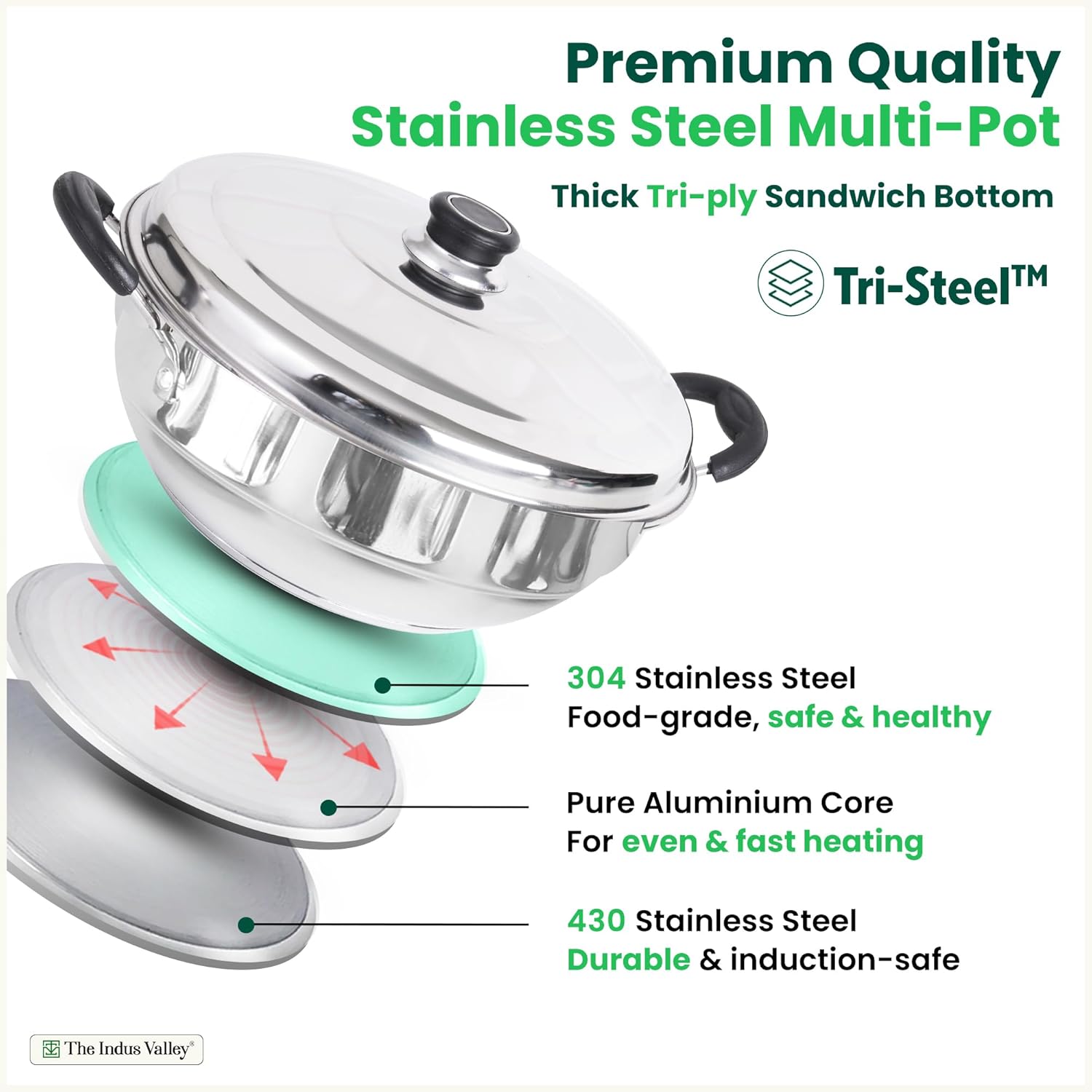 Stainless Steel Idli Maker, Dhokla Maker, Momo Maker - Multi Pot & Steaming Set | Large, 5 Plates, 29cm 11.3 Inch, 4.2 Liters, 1.5 Kg - Nonstick 3-Layer Bottom | Induction Friendly