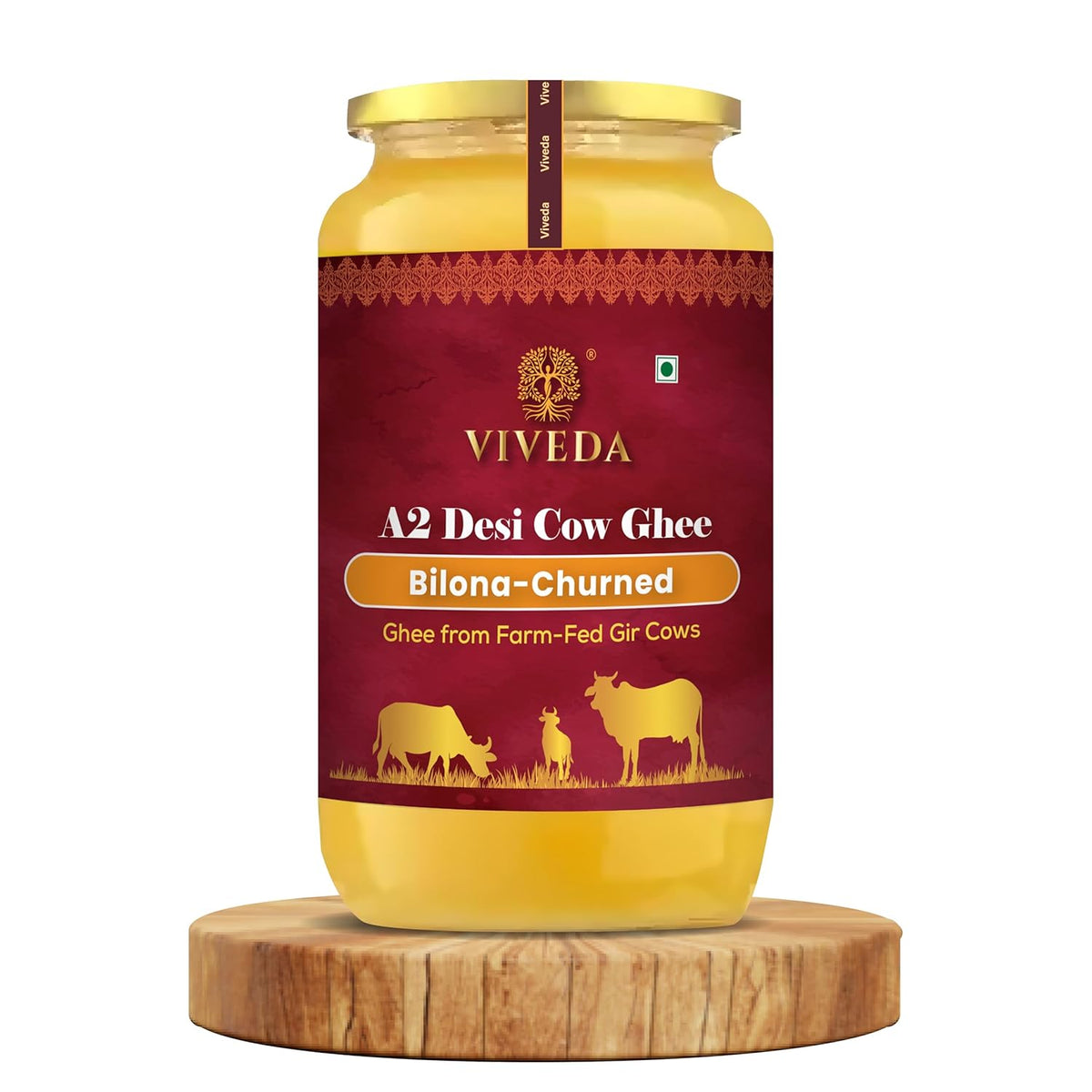 Premium A2 Desi Cow Ghee By Viveda | Hand-Churned, Traditional Bilona Method Pure Desi Cow Ghee Good For Baking & Frying | (1 Litr) 33.8 Ounce | Jar Pack