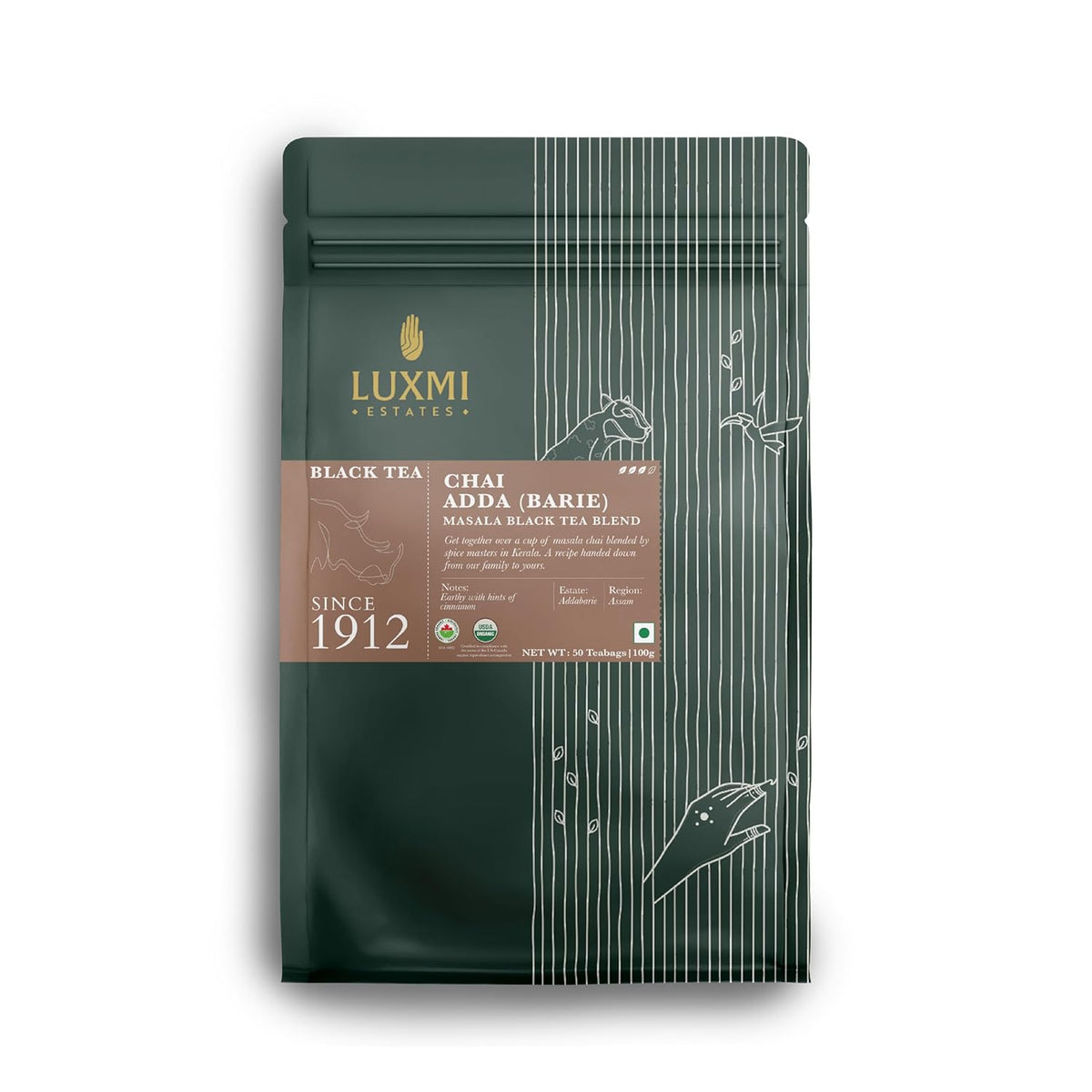 Luxmi Estates Chai Adda Barie Black Tea - 100gm, 3.5 Ounce, 50 Tea Bags | USDA Certified Organic Masala Black Tea Blend - Resealable Zipper Pouch | Strong, Robust & Aromatic Masala Chai
