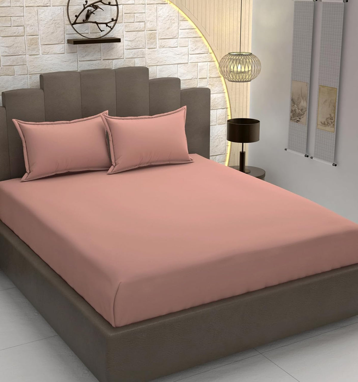Plain Cotton King Size Elastic Fitted Bedsheet With 2 Pillow Covers - 72 X 78 X 8 Inches, Pink | Ideal For Home Bedrooms, Hotel Rooms, Guest Bedsheet