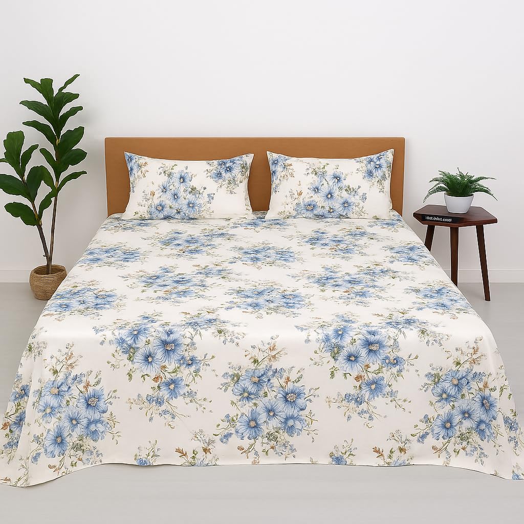 King Size Bedsheet With 2 Pillow Covers - 108 X 108 Inches, Cream & Blue | Wrinkle & Fade Resistant Bedding | Perfect For Homes, Hotels, Villas, Resorts & Guest Houses