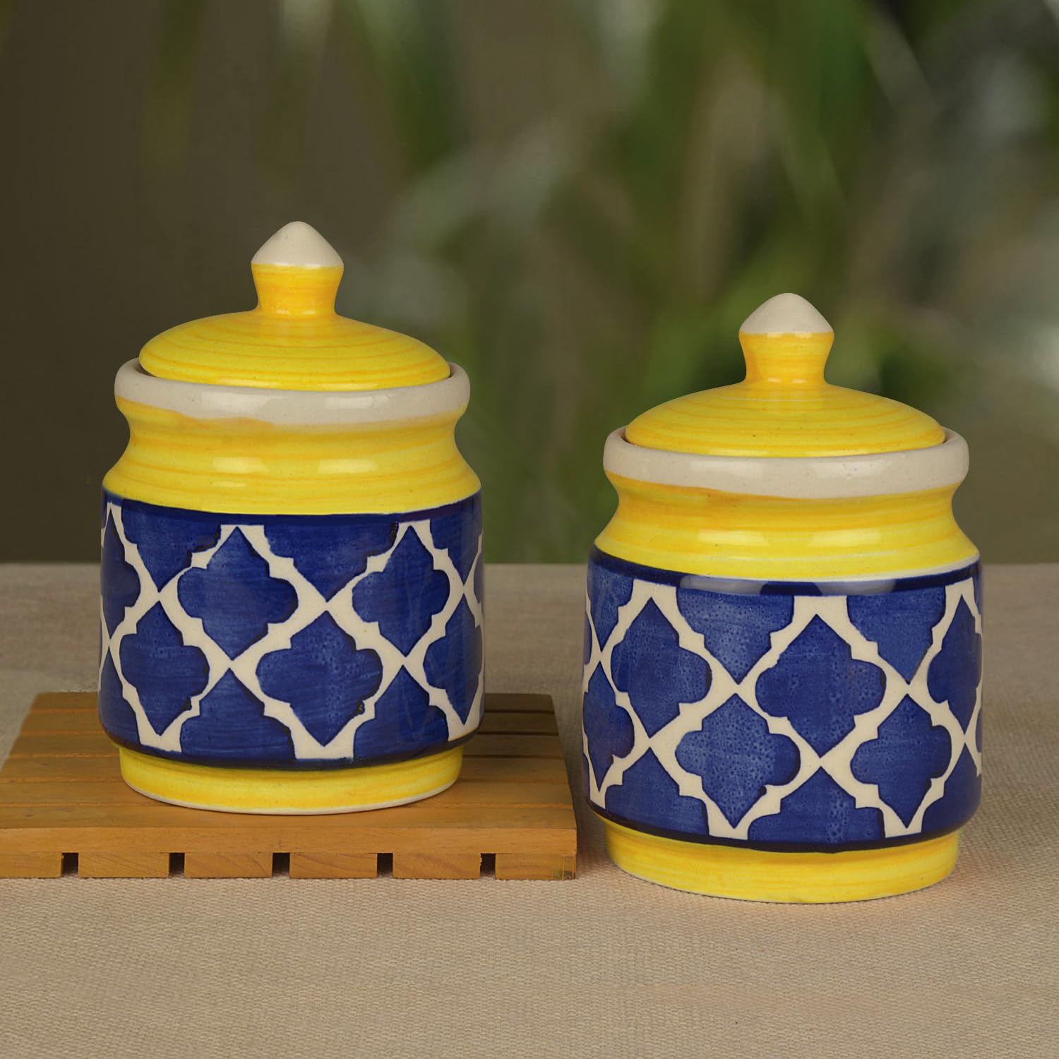 Hand Painted Ceramic Jar Set With Lid Set Of 2 - 500ml Each, Blue & Yellow | Ceramic Multi-Utility Storage Jar - Pickle Storage Jar With Lid, Burni