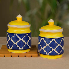 Hand Painted Ceramic Jar Set With Lid Set Of 2 - 500ml Each, Blue & Yellow | Ceramic Multi-Utility Storage Jar - Pickle Storage Jar With Lid, Burni