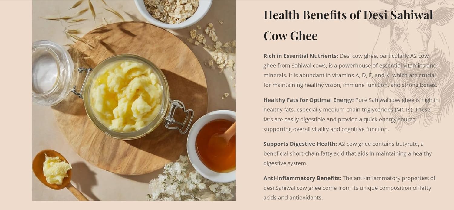 Organic A2 Desi Cow Ghee By Malvas Food | Bilona Method Handmade Pure Nutrients Desi Cow Ghee For Enhance Brain Health | (500ml) 16.9 Ounce | Jar Pack