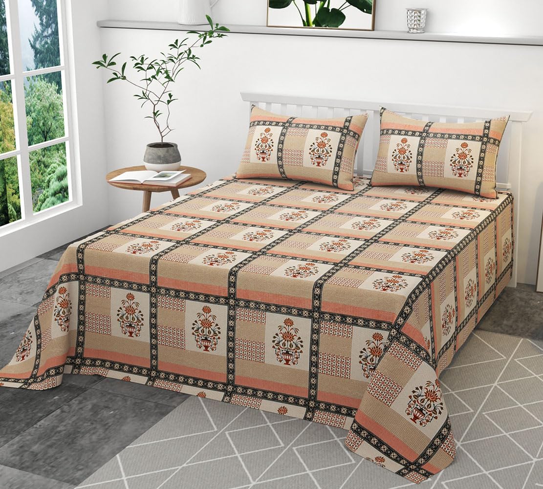 100% Pure Cotton Double Bedsheet With 2 Pillow Covers - 90 X 90 Inches, Orange & Beige | Soft, Breathable & Skin-Friendly Fade Resistant Double Bedsheet
