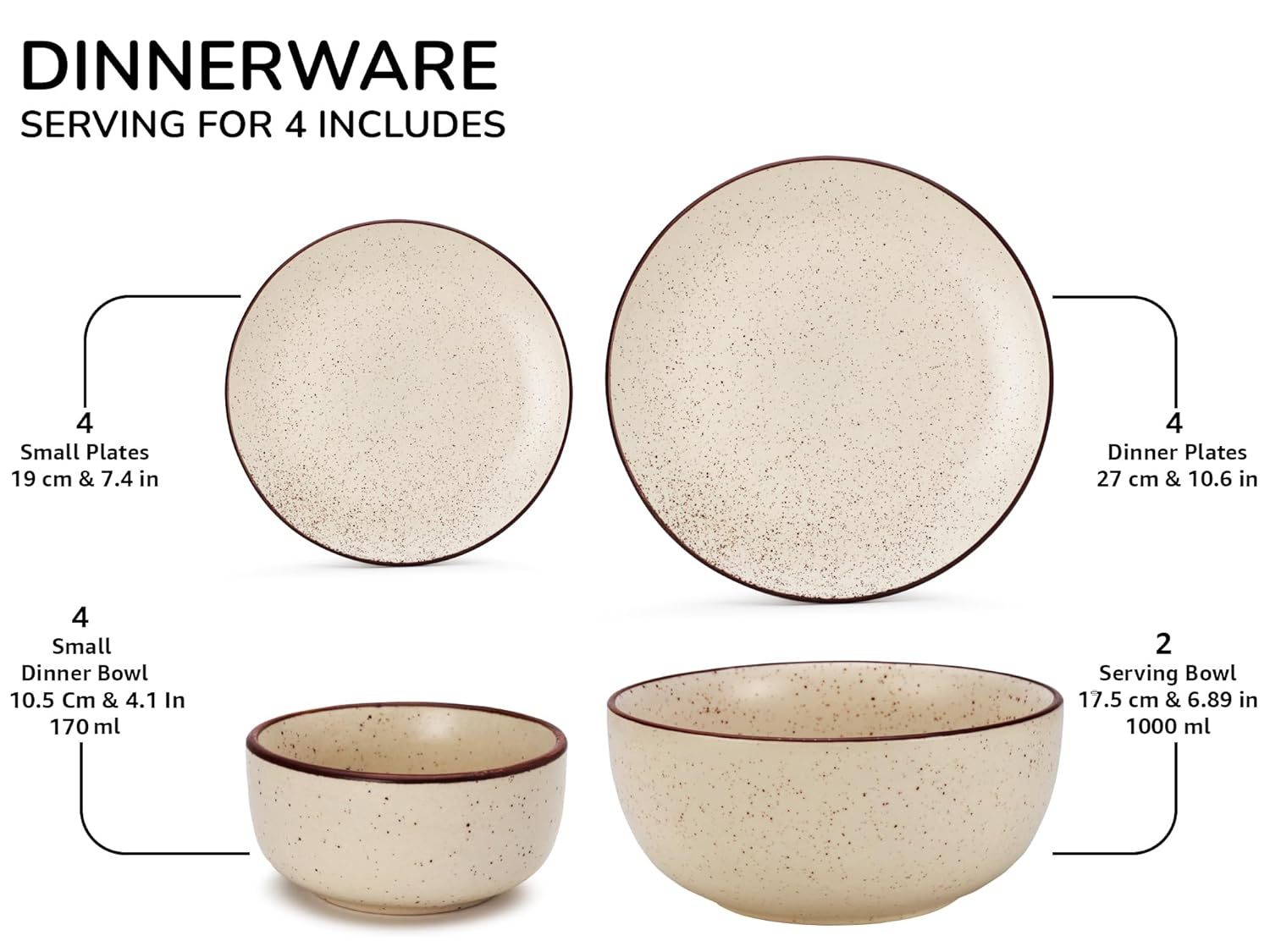 Handcrafted Ceramic Stoneware Dinner Set Of 14 Pieces With Serving Bowls Set - Beige Speckled | 4 Dinner Plates + 4 Small Plates + 4 Small Dinner Bowl, 170ml Each+ 2 Serving Bowl, 1000ml Each