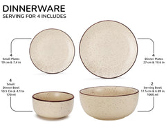 Handcrafted Ceramic Stoneware Dinner Set Of 14 Pieces With Serving Bowls Set - Beige Speckled | 4 Dinner Plates + 4 Small Plates + 4 Small Dinner Bowl, 170ml Each+ 2 Serving Bowl, 1000ml Each