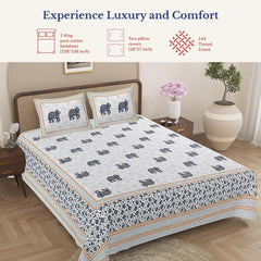 Jaipuri Cotton King Size Bedsheet With 2 Pillow Covers | 108 X 108 Inches, Grey & Blue | Traditional Printed Elephants Design | All Season Comfort & Festival Gift
